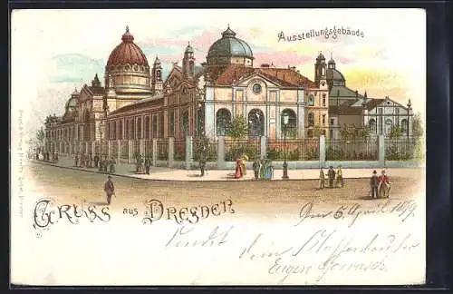 Lithographie Dresden, Passanten am Ausstellungsgebäude