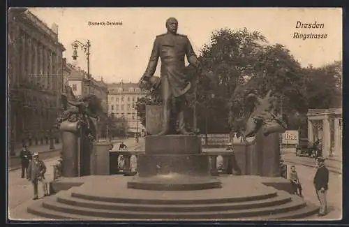 AK Dresden, Ring-Strasse mit Bismarck-Denmal