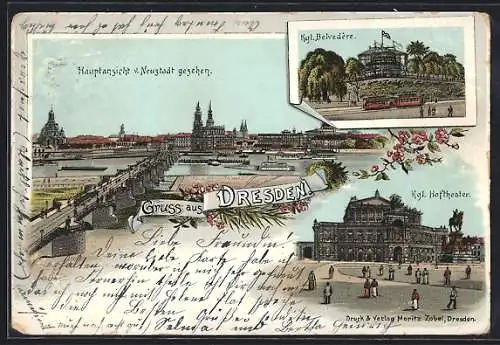 Lithographie Dresden, Kgl. Belvedere, Hoftheater, Panorama