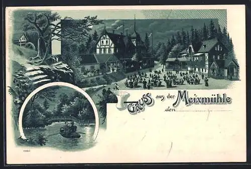 Lithographie Dresden-Pillnitz, Am Gasthof, Ruderboot auf dem Wasser