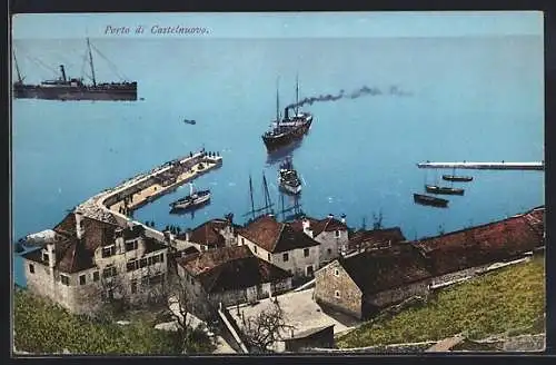 AK Castelnuovo / Herceg Novi, Porto, Blick auf den Hafen, Dampfer