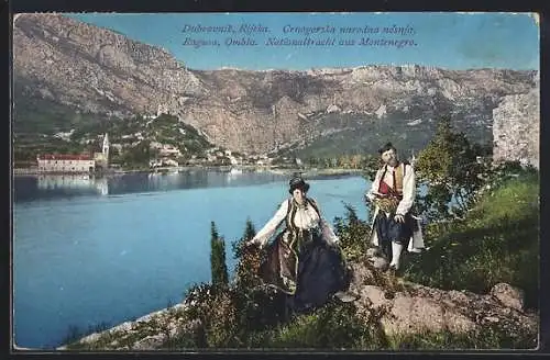 AK Ragusa, Paar in Nationaltracht aus Montenegro, Totalansicht von der anderen Flussseite