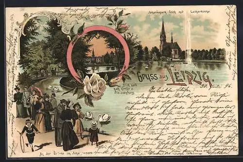 Lithographie Leipzig, An der Brücke im Johannapark, Blick nach kath. Kirche & Preissenburg, Johannapark-Teich