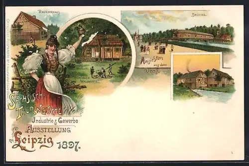 Lithographie Leipzig, Industrie u. Gewerbeausstellung 1897, Frau in Tracht, Aussichten aus dem Dorf, Bauerhaus, Thür.