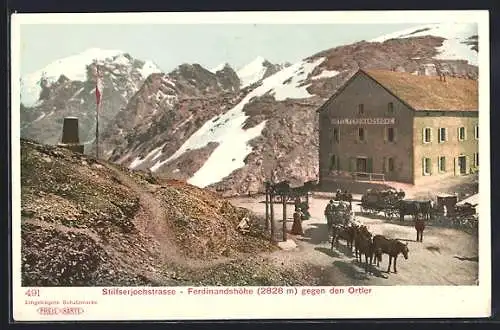 AK Ferdinandsöhe /Stilfserjochstrasse, Hotel Ferdinandshöhe gegen den Ortler