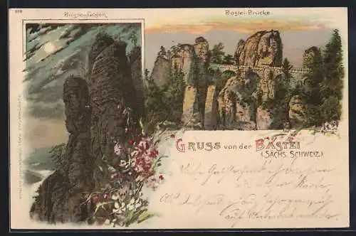 Lithographie Lohmen / Sächsische Schweiz, Bastei, der Basteifelsen und die Basteibrücke