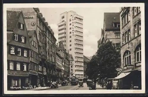 AK Stuttgart, Tagblatt Turmhaus und Strassenbahn