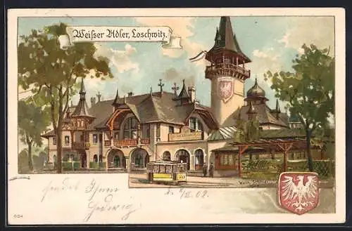 Lithographie Dresden-Weisser Hirsch, Strassenbahn am Gasthaus Weisser Adler