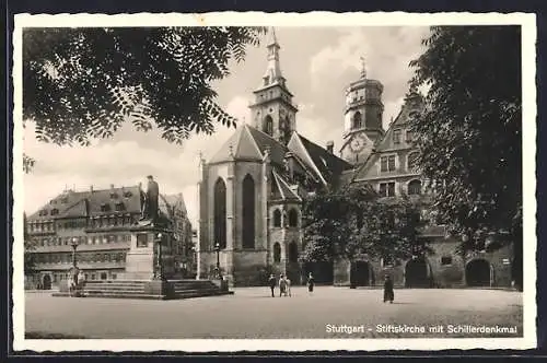 AK Stuttgart, Stiftkirche mit Schillerdenkmal