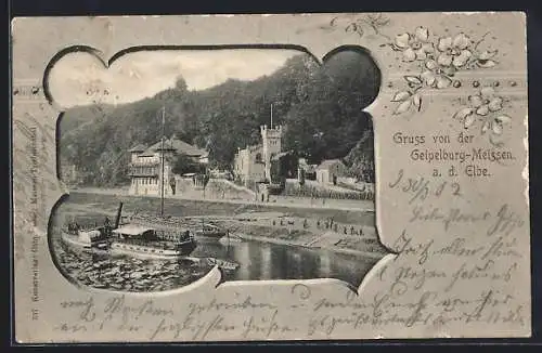 Passepartout-AK Geipelburg-Meissen a. d. Elbe, Teilansicht und Dampfer