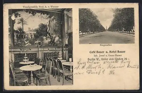 AK Berlin, Das Café und Hotel Bauer, Innenansicht mit Wandgemälde, Unter den Linden 26, Siegesallee