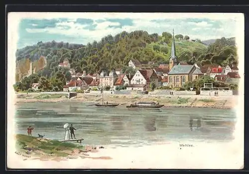 Lithographie Wehlen / Elbe, Ortsansicht von der Elbe aus