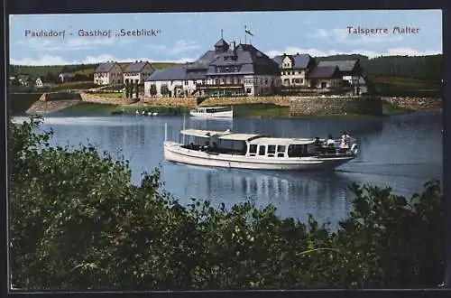 AK Paulsdorf / Maltersee, Ortspartie mit Boot am Gasthaus Seeblick, Talsperre Malter