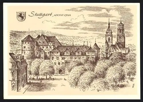 Künstler-AK Stuttgart, Ortsansicht Anno 1944