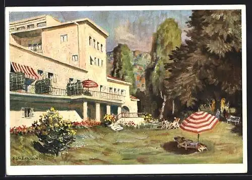 Künstler-AK Bad Mergentheim, Garten des Sanatorium Dr. Ketterer