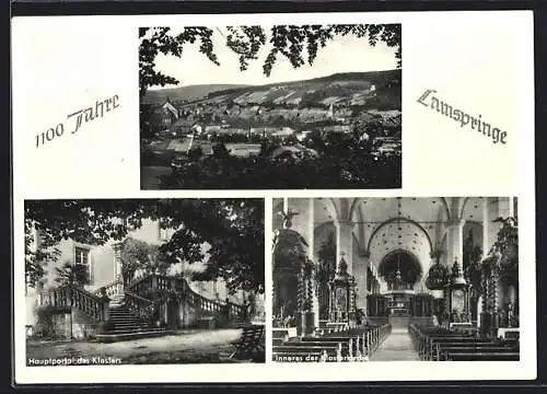 AK Lamspringe, Hauptportal des Klosters, Inneres der Klosterkirche und Gesamtansicht