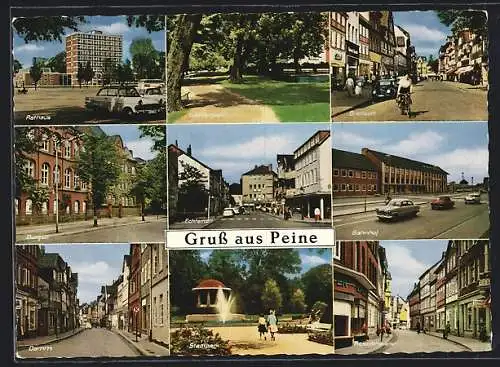 AK Peine, Bahnhof, Rathaus, Stadtpark, Echternstrasse, Rosenthalerstrasse mit Geschäften