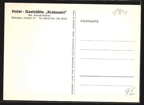 AK Bobingen, Hotel-Gaststätte Krebswirt, Aussenansicht u. Inneres, Hochstr. 27