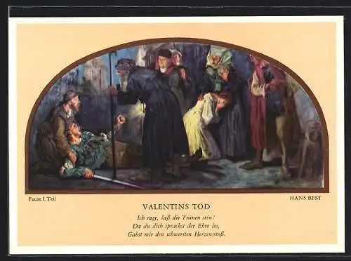 Künstler-AK Leipzig, Auerbachs Keller, Wandgemälde von Hans Best, Szenen aus Faust, Valentins Tod