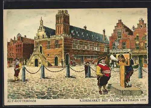 Künstler-AK Rotterdam, Käsemarkt mit altem Rathaus 1775, Pranger