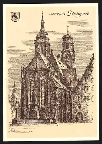 Künstler-AK Stuttgart, Kirche anno 1944