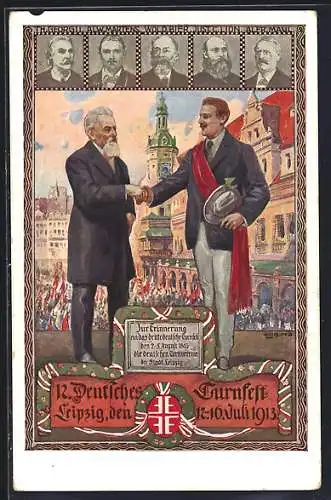 AK Leipzig, 12. Deutsches Turnfest 1913, Karte Nr. 5, Begrüssung auf dem Festplatz, Portraits