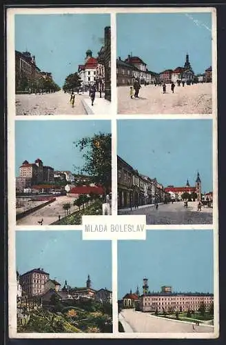 AK Jung Bunzlau / Mlada Boleslav, Schloss, Strassenpartien mit Passanten