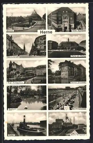 AK Herne, Bahnhof, Bahnhofstrasse, Hafen, Zeche Schamrock, Schwimmbad, Rathaus