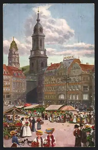 Künstler-AK Dresden, Altmarkt mit Blumenmarkt, Kreuzkirche, Rathausturm