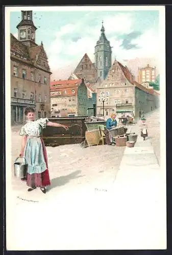 Künstler-AK Meissner & Buch (M&B): Pirna, Junge Frau holt Wasser aus dem Brunnen auf dem Marktplatz