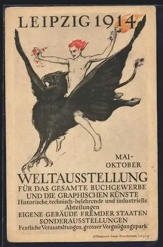 AK Leipzig, Weltausstellung für das gesamte Buchgewerbe und die graphischen Künste 1914, Jüngling auf Adler fliegend