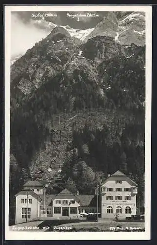 AK Zugspitze, Zugspitzbahn mit Zugspitz-Hotel und Blick zur Bergstation