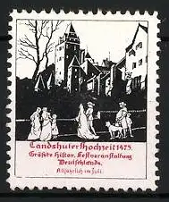 Reklamemarke Landshut, Landshuter Hochzeit 1475, historische Szene mit Burg und Menschen