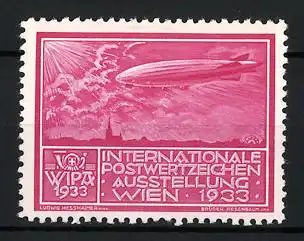 Reklamemarke Wien, Internationale Postwertzeichen Ausstellung 1933, Zeppelin Luftschiff über Stadtansicht