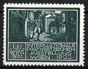 Reklamemarke Wien, Internationale Postwertzeichen-Ausstellung 1933, Postbote stellt Brief zu