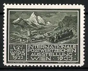 Reklamemarke Wien, Internationale Postwertzeichen-Ausstellung 1933, Berglandschaft mit Autobus