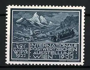 Reklamemarke Wien, Internationale Postwertzeichen-Ausstellung 1933, Alpenlandschaft mit Reisebus