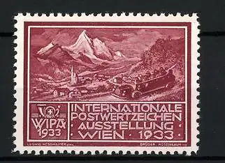 Reklamemarke Wien, Internationale Postwertzeichen Ausstellung 1933, Landschaft mit Alpen und Auto