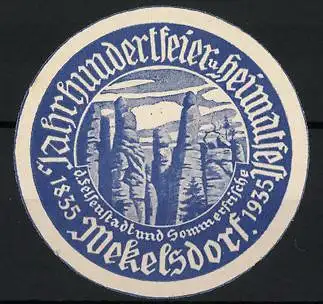 Reklamemarke Mekelsdorf, 1835-1935 Jahrhunderfeier Heimatfest, Felsformation