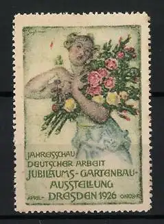 Reklamemarke Dresden, Jubiläums-Gartenbau-Ausstellung 1926, Frau mit Blumenstrauss