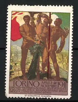 Reklamemarke Torino, Esposizione Internazionale 1911, drei Figuren mit Fahne