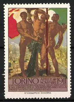 Reklamemarke Torino 1911, Esposizione Internazionale, drei Männerfiguren