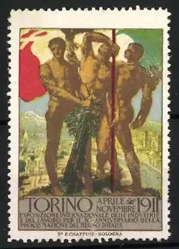 Reklamemarke Torino 1911, Esposizione Internazionale delle Industrie, drei Männer, E. Chappuis