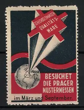 Reklamemarke Prag, Besuchet die Prager Mustermessen, Weltkarte mit Strahlenkreuz