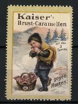 Reklamemarke Kaiser's, Brust-Caramellen, Kind mit Korb im Schnee