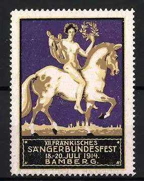 Reklamemarke Bamberg, XII. Fränkisches Sängerbundesfest 1914, Reiter mit Laute