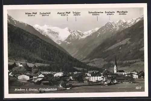 AK Mieders i. Stubai, Gletscherblick mit Pfandlspitz, Greitspitz und Trögler