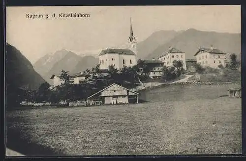 AK Kaprun, Ortsansicht mit Kirche und Blick auf den Kitzsteinhorn