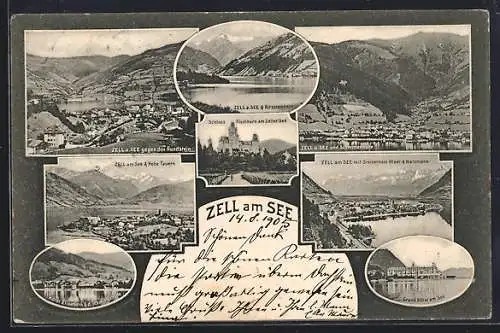 AK Zell am See, Hotel Elisabeth und die Schmittenhöhe, Grand Hotel am See, Schloss Fischhorn, Ortsansichten