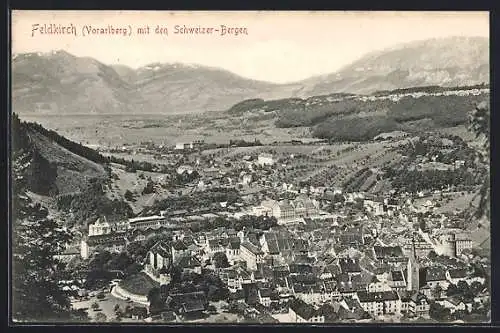 AK Feldkirch /Vorarlberg, Ortsansicht mit den Schweizer-Bergen